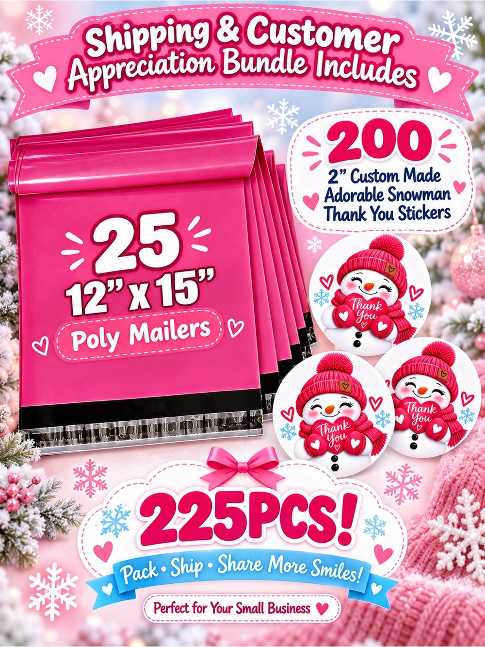 225PC Bundle~ 25 12”x15” Poly Mailers & 200 2” Stickers